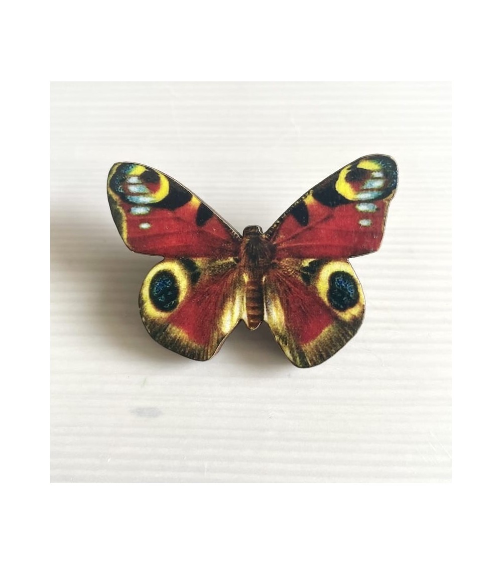 Papillon Peacock - Broche en bois Fen & Co pins rare métal originaux bijoux suisse