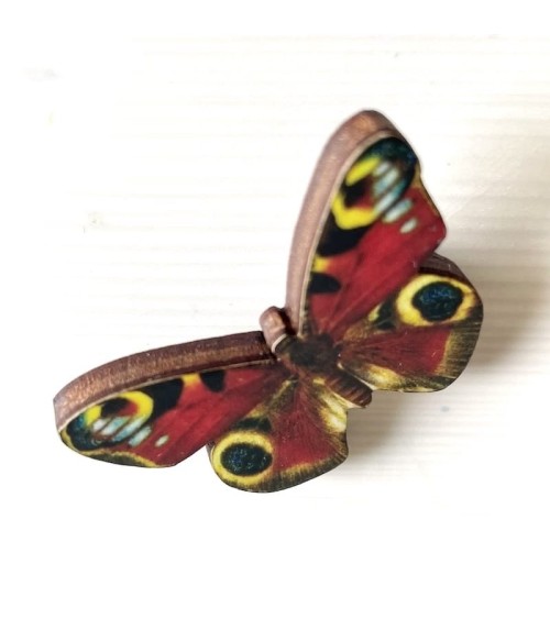 Papillon Peacock - Broche en bois Fen & Co pins rare métal originaux bijoux suisse