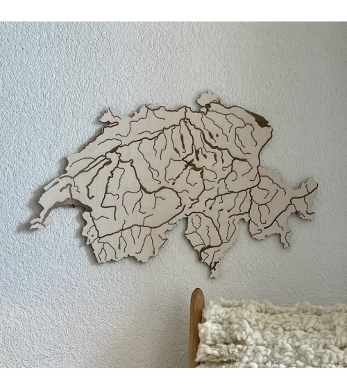 Wooden map of Switzerland with lakes and rivers Papurino Wood wall art design switzerland original