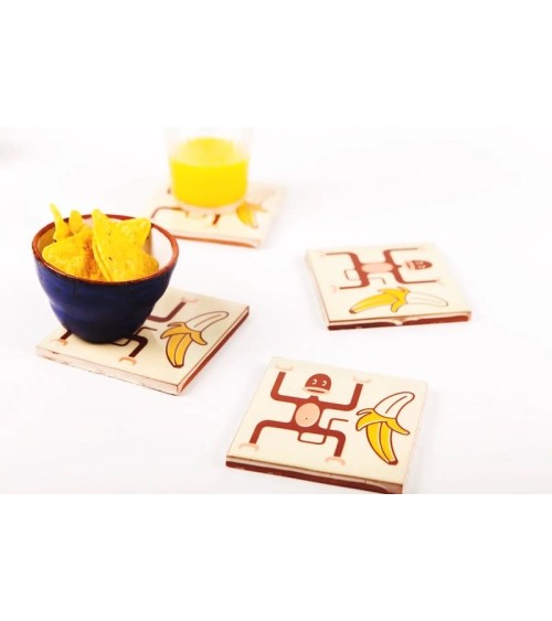 Monkey and banana - Ceramic coasters Bussoga glass round drink design