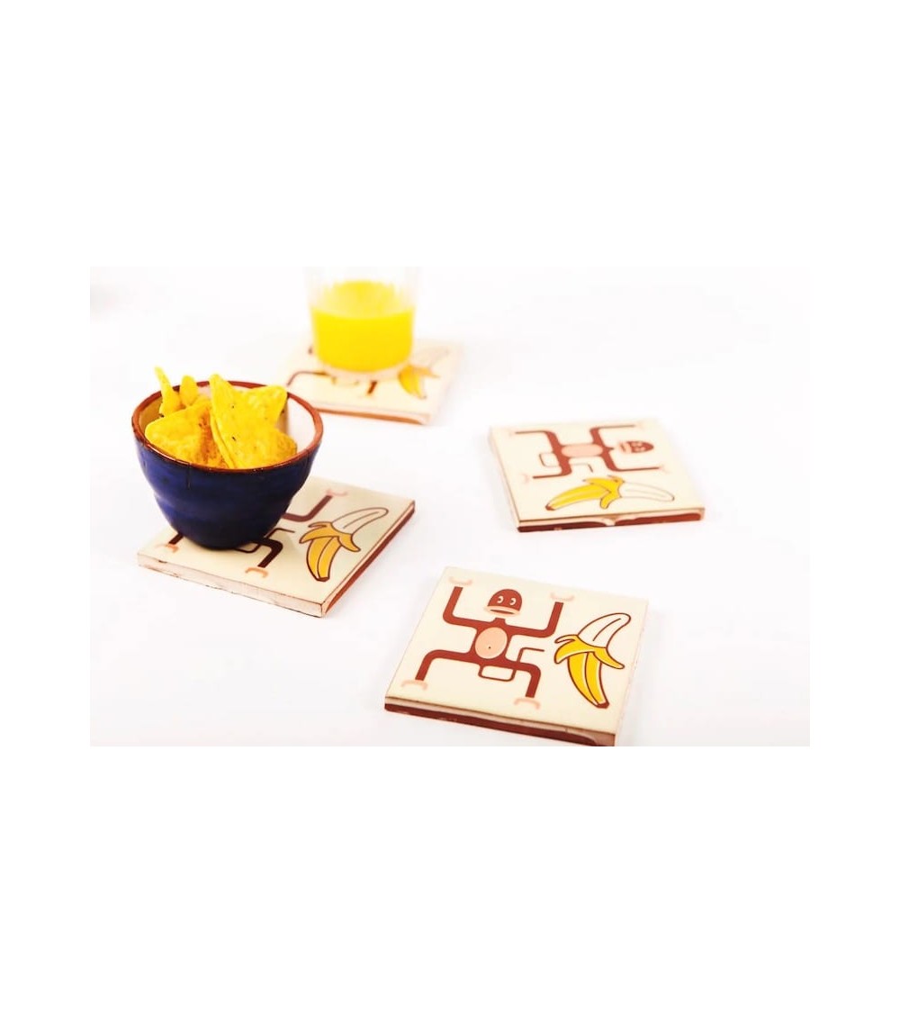 Monkey and banana - Ceramic coasters Bussoga glass round drink design