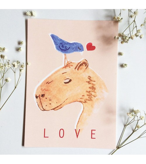 Cartolina - Capybara & Bird Friend Katinka Feijs Biglietti di Auguri design svizzera originale