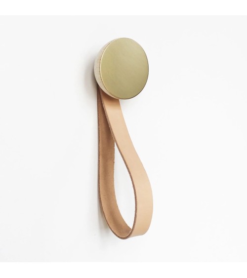 Wood and Brass Coat hook / knob with leather strap 5mm Paper