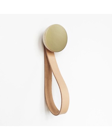 Wood and Brass Coat hook / knob with leather strap 5mm Paper
