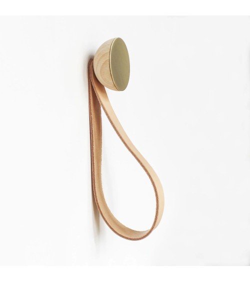 Wood and Brass Coat hook / knob with leather strap 5mm Paper