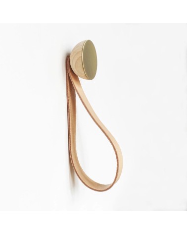 Wood and Brass Coat hook / knob with leather strap 5mm Paper
