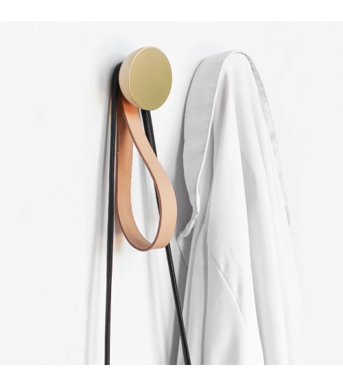 Wood and Brass Coat hook / knob with leather strap 5mm Paper