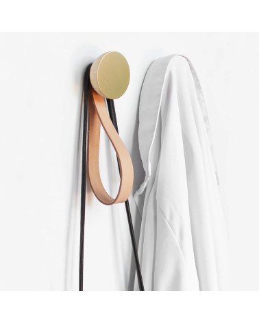 Wood and Brass Coat hook / knob with leather strap 5mm Paper