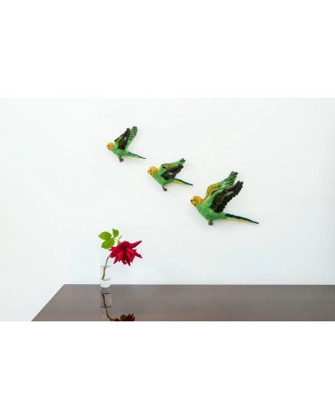Wall decoration - Flying Green Budgies Trio Sew Heart Felt Wall Art & Decor design switzerland original