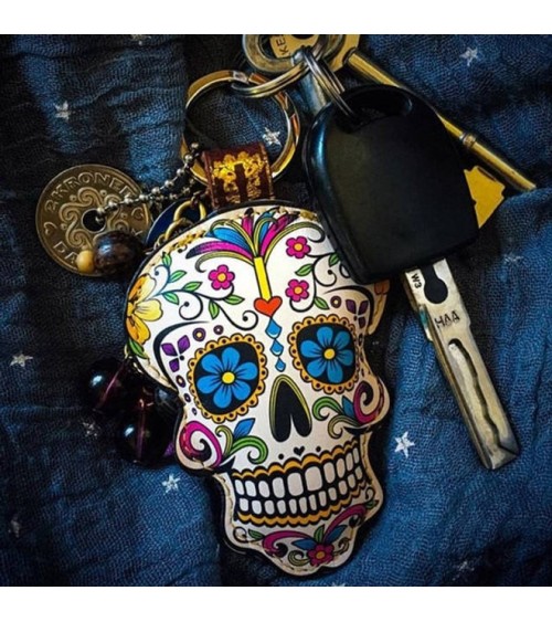 Leather Key Ring - Sugar Skull - Flower Print Alkemest original gift idea switzerland