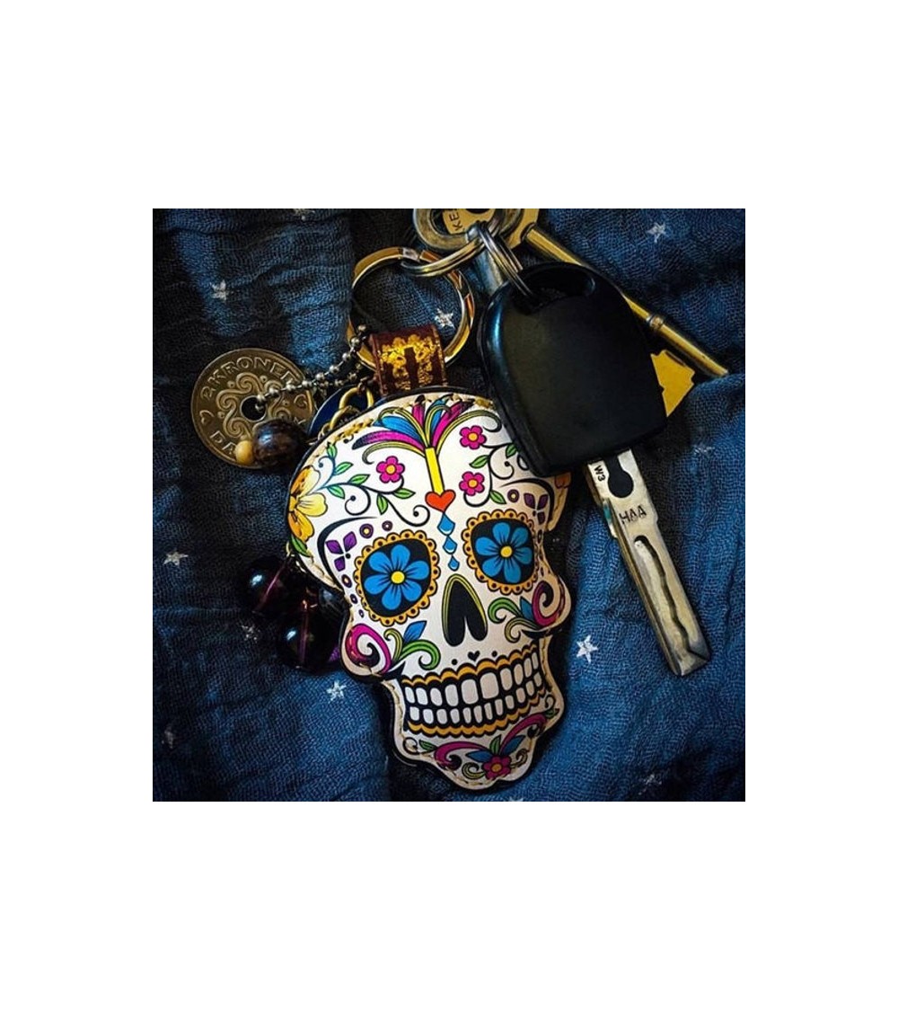 Leather Key Ring - Sugar Skull - Flower Print Alkemest original gift idea switzerland