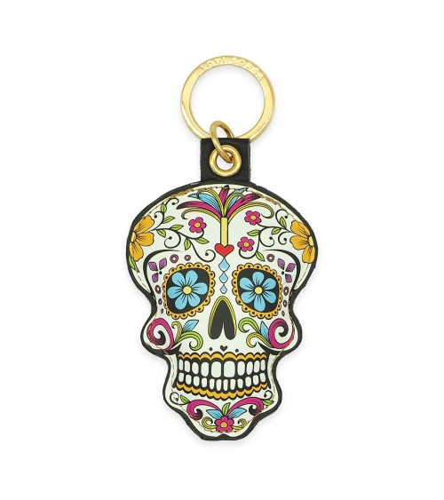 Leather Key Ring - Sugar Skull - Flower Print Alkemest original gift idea switzerland