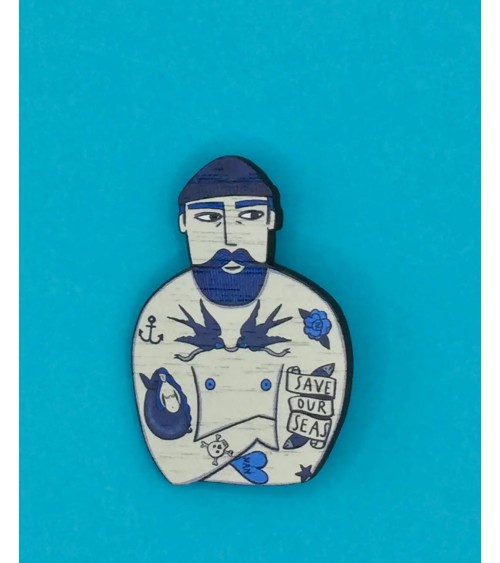 Brooch - Tattooed sailor - Save our seas Su Owen broches and pins hat pin badges collectible
