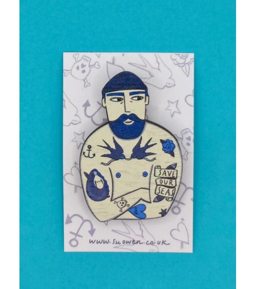 Brooch - Tattooed sailor - Save our seas Su Owen broches and pins hat pin badges collectible