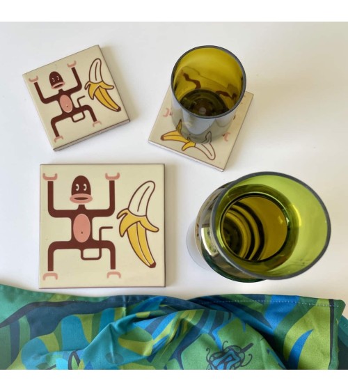 Monkey and banana - Ceramic coasters Bussoga glass round drink design