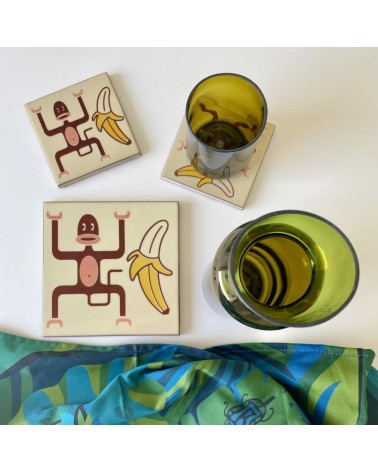 Monkey and banana - Ceramic coasters Bussoga glass round drink design