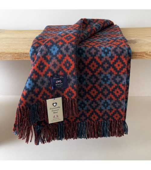 Dartmouth Navy / Brick - Pure new wool blanket Bronte by Moon best for sofa throw warm cozy soft