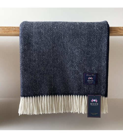 HERRINGBONE Navy - Merino wool blanket Bronte by Moon best for sofa throw warm cozy soft