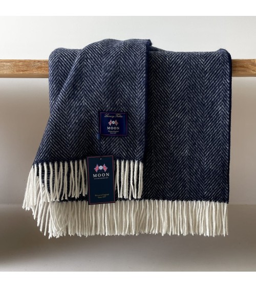 Plaid HERRINGBONE Bleu Marine - Couverture en laine mérinos Bronte by Moon anglaise plaid tartan ecossais 100 laine highland