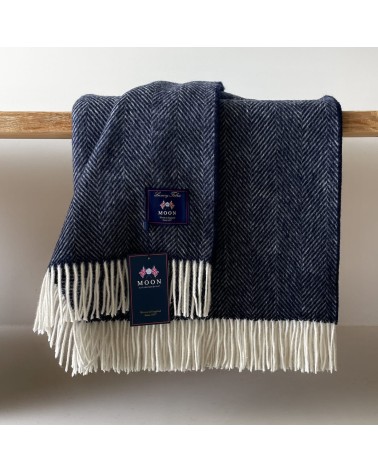 HERRINGBONE Navy - Plaid en laine mérinos Bronte by Moon plaide pour canapé de lit cocooning chaud