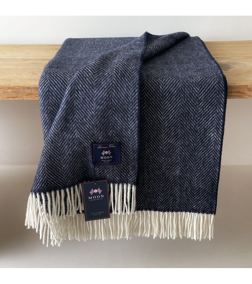 Bronte by Moon Herringbone Navy Merino wool blanket