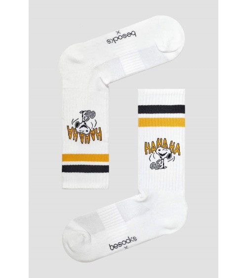 Be Snoopy HAHAHA - Calzini sportivi bianchi Besocks calze da uomo per donna divertenti simpatici particolari