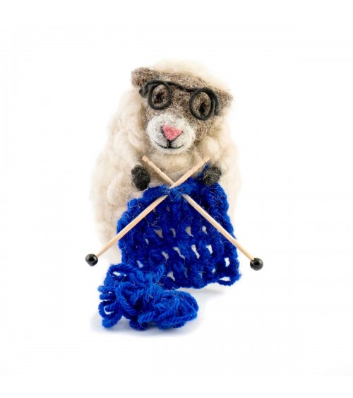 Nancy - Sheep with blue knitting - Decorative object Sew Heart Felt original kitatori switzerland