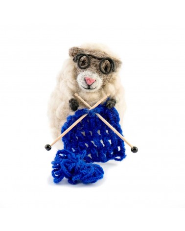 Nancy - Sheep with blue knitting - Decorative object Sew Heart Felt original kitatori switzerland