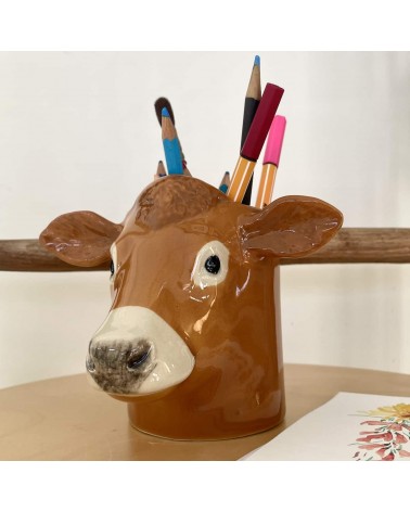 Vache - Jersiaise - Porte crayon & stylo, Petit pot de fleur Quail Ceramics bureau original design pour plantes intérieur à c...