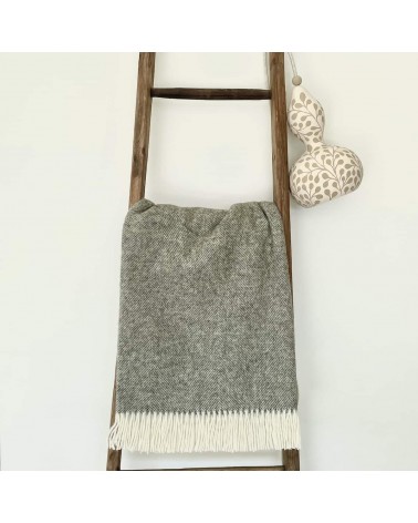 HERRINGBONE Vintage Grey - Pure new wool blanket Bronte by Moon best for sofa throw warm cozy soft