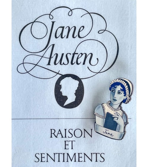 Jane Austen - Broche en bois, bijoux fantaisie Su Owen pins rare métal originaux bijoux suisse