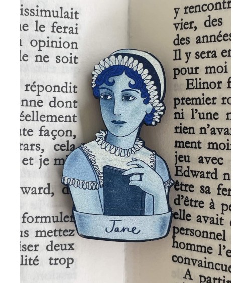 Jane Austen - Broche en bois, bijoux fantaisie Su Owen pins rare métal originaux bijoux suisse