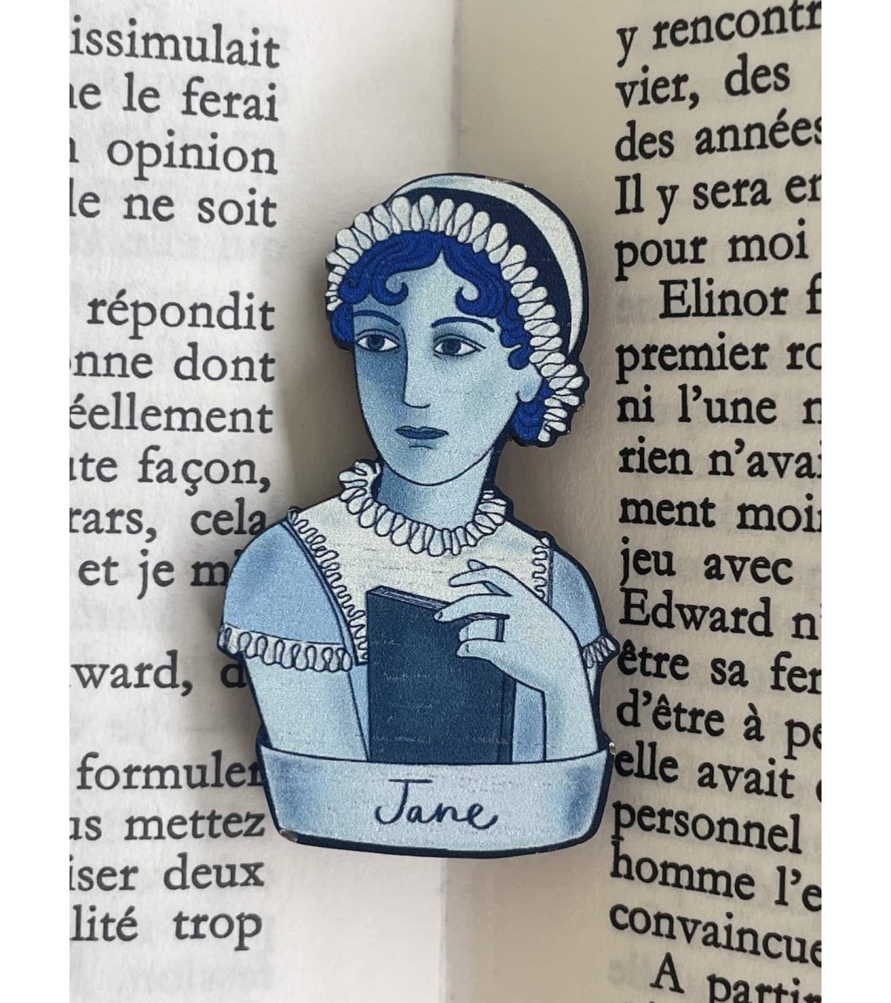 Jane Austen - Broche en bois, bijoux fantaisie Su Owen pins rare métal originaux bijoux suisse