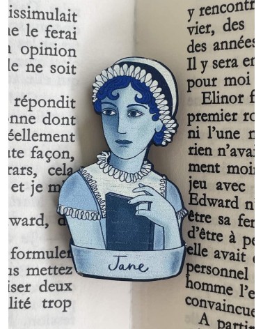 Jane Austen - Broche en bois, bijoux fantaisie Su Owen pins rare métal originaux bijoux suisse