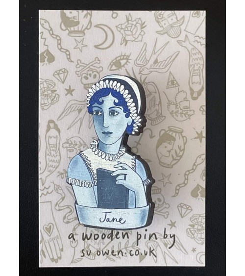 Jane Austen - Broche en bois, bijoux fantaisie Su Owen pins rare métal originaux bijoux suisse
