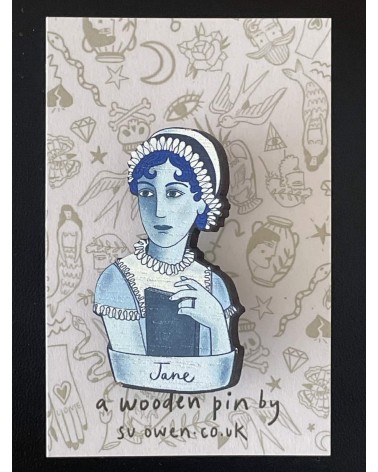 Jane Austen - Wooden brooch pin Su Owen broches and pins hat pin badges collectible