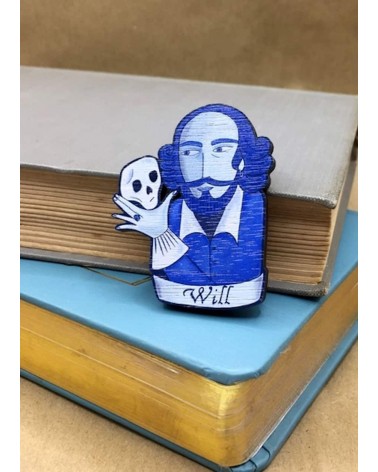 William Shakespeare - Broche en bois, bijoux fantaisie Su Owen pins rare métal originaux bijoux suisse