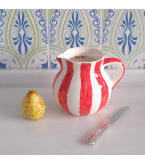 Cora ceramic water jug - Stripes - red and white Casa Atlântica carafe jug glass design