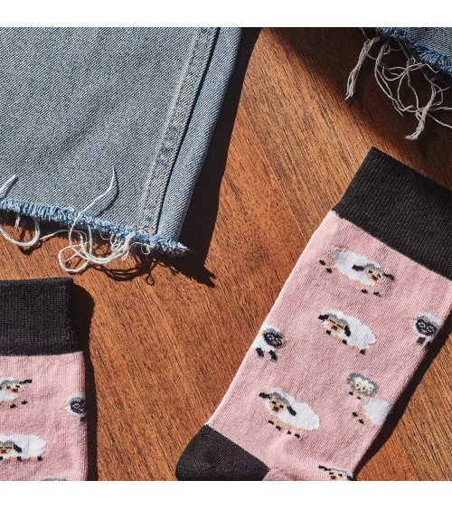 BeSheep - Chaussettes en coton bio motif Mouton - Rose Besocks jolies chausset pour homme femme fantaisie drole originales