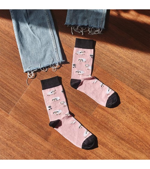 BeSheep - Chaussettes en coton bio motif Mouton - Rose Besocks jolies chausset pour homme femme fantaisie drole originales