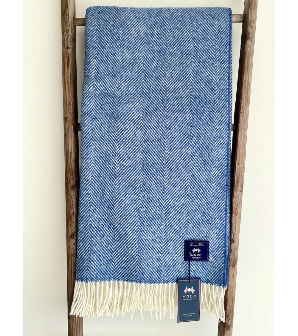 Wool Blanket HERRINGBONE Ocean Blue - Sofa Throw Bronte by Moon warm cozy soft sofa throw blanket picnic throws and blankets