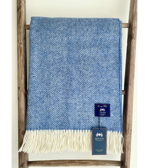 Wool Blanket HERRINGBONE Ocean Blue - Sofa Throw Bronte by Moon warm cozy soft sofa throw blanket picnic throws and blankets