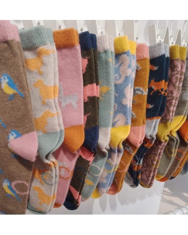Blue Tits - Wool socks for women Catherine Tough funny crazy cute cool best pop socks for women men