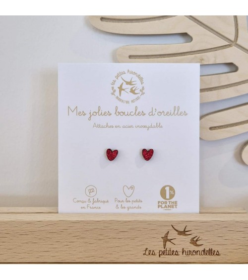 Cœurs - Boucles d'oreilles pailletées en bois - Rouge Les Petites Hirondelles fantaisie original femme suisse