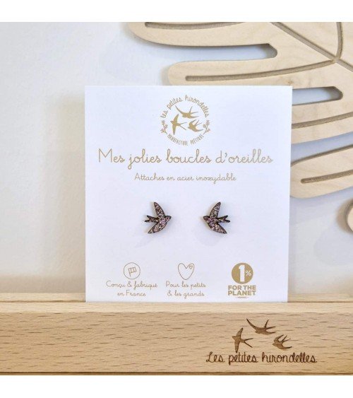 Hirondelles - Boucles d'oreilles pailletées en bois - Multicolore Les Petites Hirondelles fantaisie original femme suisse