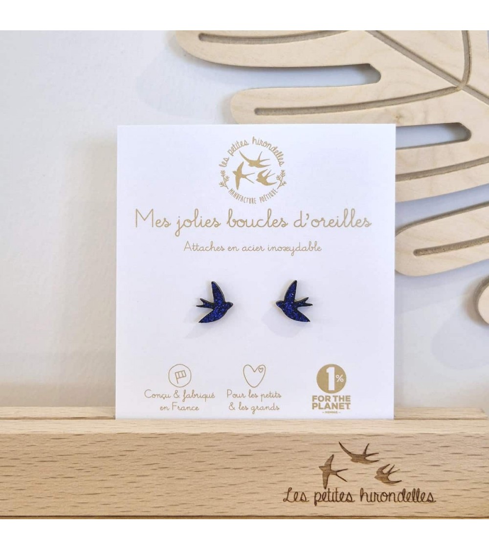 Swallows - Glittery wooden earrings - Blue Les Petites Hirondelles cute fashion design designer for women