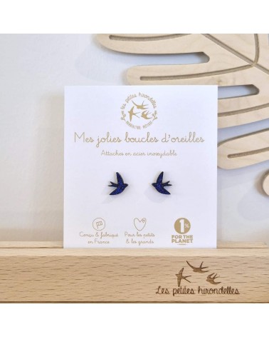 Hirondelles - Boucles d'oreilles pailletées en bois - Bleu Les Petites Hirondelles fantaisie original femme suisse