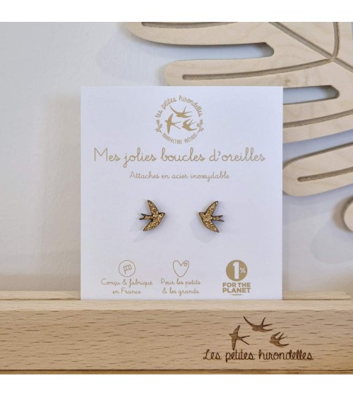 Hirondelles - Boucles d'oreilles pailletées en bois - Doré Les Petites Hirondelles fantaisie original femme suisse