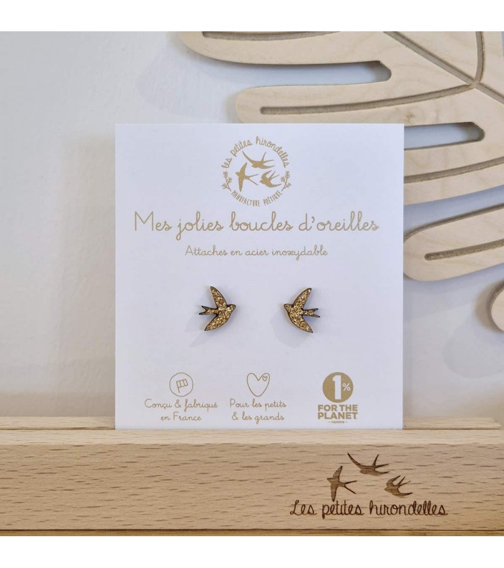 Swallows - Glittery wooden earrings - Gold Les Petites Hirondelles cute fashion design designer for women