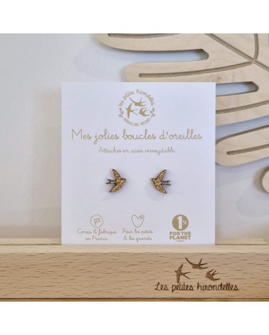 Swallows - Glittery wooden earrings - Gold Les Petites Hirondelles cute fashion design designer for women